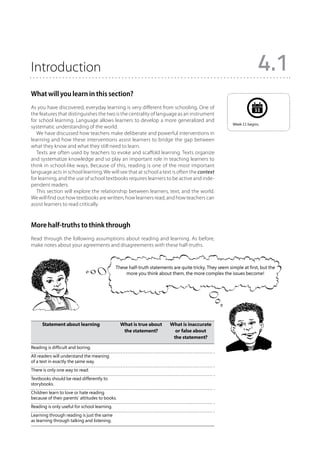 Introduction                                                                                                          4.1
What will you learn in this section?
As you have discovered, everyday learning is very different from schooling. One of                                  11
the features that distinguishes the two is the centrality of language as an instrument
for school learning. Language allows learners to develop a more generalized and
                                                                                                        Week 11 begins.
systematic understanding of the world.
   We have discussed how teachers make deliberate and powerful interventions in
learning and how these interventions assist learners to bridge the gap between
what they know and what they still need to learn.
   Texts are often used by teachers to evoke and scaffold learning. Texts organize
and systematize knowledge and so play an important role in teaching learners to
think in school-like ways. Because of this, reading is one of the most important
language acts in school learning. We will see that at school a text is often the context
for learning, and the use of school textbooks requires learners to be active and inde-
pendent readers.
   This section will explore the relationship between learners, text, and the world.
We will find out how textbooks are written, how learners read, and how teachers can
assist learners to read critically.



More half-truths to think through
Read through the following assumptions about reading and learning. As before,
make notes about your agreements and disagreements with these half-truths.



                                              These half-truth statements are quite tricky. They seem simple at first, but the
                                                  more you think about them, the more complex the issues become!




	 Statement about learning	 What is true about 	                         What is inaccurate
		                           the statement?	                               or false about
			                                                                       the statement?

Reading is difficult and boring.
All readers will understand the meaning
of a text in exactly the same way.
There is only one way to read.
Textbooks should be read differently to
storybooks.
Children learn to love or hate reading
because of their parents’ attitudes to books.
Reading is only useful for school learning.
Learning through reading is just the same
as learning through talking and listening.
 