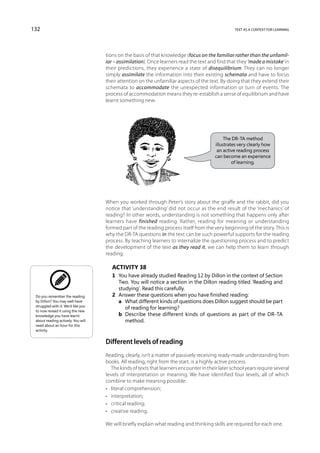 132                                                                                               text as a context for learning




                                    tions on the basis of that knowledge (focus on the familiar rather than the unfamil-
                                    iar – assimilation). Once learners read the text and find that they ‘made a mistake’ in
                                    their predictions, they experience a state of disequilibrium. They can no longer
                                    simply assimilate the information into their existing schemata and have to focus
                                    their attention on the unfamiliar aspects of the text. By doing that they extend their
                                    schemata to accommodate the unexpected information or turn of events. The
                                    process of accommodation means they re-establish a sense of equilibrium and have
                                    learnt something new.




                                                                                              The DR-TA method
                                                                                         illustrates very clearly how
                                                                                          an active reading process
                                                                                         can become an experience
                                                                                                  of learning.




                                    When you worked through Peter’s story about the giraffe and the rabbit, did you
                                    notice that ‘understanding’ did not occur as the end result of the ‘mechanics’ of
                                    reading? In other words, understanding is not something that happens only after
                                    learners have finished reading. Rather, reading for meaning or understanding
                                    formed part of the reading process itself from the very beginning of the story. This is
                                    why the DR-TA questions in the text can be such powerful supports for the reading
                                    process. By teaching learners to internalize the questioning process and to predict
                                    the development of the text as they read it, we can help them to learn through
                                    reading.

                                       Activity 38
                                       1	 You have already studied Reading 12 by Dillon in the context of Section
                                          Two. You will notice a section in the Dillon reading titled ‘Reading and
                                          studying’. Read this carefully.
 Do you remember the reading           2	 Answer these questions when you have finished reading:
 by Dillon? You may well have          	 a	 What different kinds of questions does Dillon suggest should be part
 struggled with it. We’d like you
                                             of reading for learning?
 to now reread it using the new
 knowledge you have learnt             	 b	 Describe these different kinds of questions as part of the DR-TA
 about reading actively. You will            method.
 need about an hour for this
 activity.


                                    Different levels of reading
                                    Reading, clearly, isn’t a matter of passively receiving ready-made understanding from
                                    books. All reading, right from the start, is a highly active process.
                                       The kinds of texts that learners encounter in their later school years require several
                                    levels of interpretation or meaning. We have identified four levels, all of which
                                    combine to make meaning possible:
                                    •	 literal comprehension;
                                    •	 interpretation;
                                    •	 critical reading;
                                    •	 creative reading.

                                    We will briefly explain what reading and thinking skills are required for each one.
 