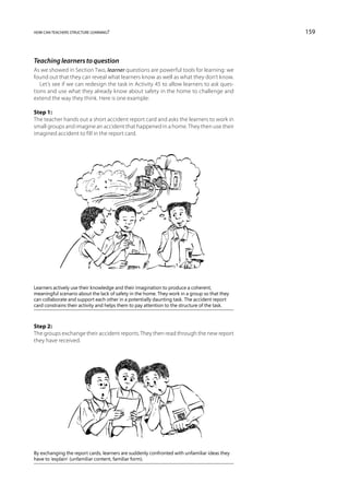 how can teachers structure learning?                                                           159



Teaching learners to question
As we showed in Section Two, learner questions are powerful tools for learning: we
found out that they can reveal what learners know as well as what they don’t know.
   Let’s see if we can redesign the task in Activity 45 to allow learners to ask ques-
tions and use what they already know about safety in the home to challenge and
extend the way they think. Here is one example:

Step 1:
The teacher hands out a short accident report card and asks the learners to work in
small groups and imagine an accident that happened in a home. They then use their
imagined accident to fill in the report card.




Learners actively use their knowledge and their imagination to produce a coherent,
meaningful scenario about the lack of safety in the home. They work in a group so that they
can collaborate and support each other in a potentially daunting task. The accident report
card constrains their activity and helps them to pay attention to the structure of the task.



Step 2:
The groups exchange their accident reports. They then read through the new report
they have received.




By exchanging the report cards, learners are suddenly confronted with unfamiliar ideas they
have to ‘explain’ (unfamiliar content, familiar form).
 