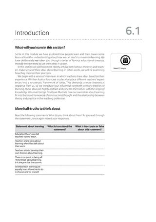Introduction                                                                                           6.1
What will you learn in this section?
So far in this module we have explored how people learn and then drawn some
lessons from this understanding about how we can teach to maximize learning. We
have deliberately not taken you through a series of famous educational theorists.                    17
Instead we have tried to use their ideas in action.
    In this section we will look more closely at how both famous theorists and teach-    Week 17 begins.
ers make sense of their ideas about learning. In other words, we will be examining
how they theorize their practices.
    We begin with a series of interviews in which teachers share ideas based on their
experience. We then look at four case studies that place different teachers’ experi-
ences into a systematic framework of ideas. This demands a more theoretical
response from us, so we introduce four influential twentieth-century theories of
learning. These ideas are highly abstract and concern themselves with the origin of
knowledge in human beings. Finally we illustrate how our own ideas about learning
fit into the broad framework of constructivist thought and the relationship between
theory and practice in the teaching profession.



More half-truths to think about
Read the following statements. What do you think about them? As you read through
the statements, once again record your responses.


	Statement about learning	        What is true about the 	 What is inaccurate or false
		                                    statement?	           about this statement?
Education theory can tell
teachers how to teach.
Teachers share ideas about
learning when they talk about
their work.
Teachers should develop their
own theories about learning.
There is no point in being all
‘theoretical’ about learning.
It is the practice that counts.
All theories of learning are
equally true: all one has to do
is choose one for oneself.
 