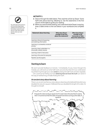 10                                                                                                              about this module




                                     Activity 1
                                     1	 Glance through the table below. Then read the article by Dwyer ‘Some
                                        half-truths about learning’ (Reading 5). Use the statements in the first
                                        column of the table to guide your reading.
 You need about 45 minutes to        2	 When you have finished reading, and understand what Dwyer is arguing,
 do this activity. Read Dwyer           draw a table similar to the one below in your workbook and complete
 carefully and more than once.
 Do Activity 1 alone first and          it.
 discuss it with other teacher-
 learners when you have
 finished.                        	 Statement about learning	   What does Dwyer 	                        What does Dwyer
                                  		                           consider to be true 	                      consider to be
                                  		                          about the statement?	                     inaccurate or false
                                  			                                                                  about the statement?
                                  Learning is the act of acquiring
                                  and retaining information.
                                  Learning is a somewhat unnatural
                                  activity.
                                  Learning is best undertaken in a
                                  structured, orderly manner.
                                  Learning is tied to instruction.
                                  Learning is the same for everyone.
                                  Teachers are the experts.



                                  Starting to learn
                                  We won’t provide feedback on Activity 1 immediately. As you move through this
                                  module, you will work out what half-truths are and why they limit our understand-
                                  ing of learning through your own action by doing the half-truth activities regularly.
                                    Let’s continue by finding out how believing that we know the truth can stand in
                                  the way of real learning; of really finding the ‘truth’.

                                  An ancient story about learning
                                  There is an ancient and famous story about a slave boy who believed that when you
                                  doubled the area of a square, it followed that you doubled the length of its sides. He
                                  thought to himself:



                                       If square B is twice as big as square A (if it covers twice the area that A covers),
                                       then it must be true that the sides of square B are twice as long as the sides of
                                                                            square A.
 