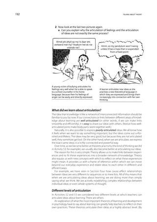 192                                                                        talking about theory




         2	 Now look at the last two pictures again.
         	 a	Can you explain why the articulation of feelings and the articulation
              of ideas are not exactly the same process?


          Almal pik altyd op my: Is daar iets
        verkeerd met my? Hoekom het ek nie
                                                     Hmm, so my pendulum won’t swing
                     vriende nie?
                                                     unless it has a mass that is suspended
                                                                from a fixed point.’




      A young victim of bullying articulates his
      feelings very well when he is able to speak   A learner articulates new ideas as she
      to a school counsellor in his home            practises a new theoretical language in
      language, because then his feelings of        which they are expressed and brings them
      anger can be easily and directly expressed.   increasingly into connection with her own
                                                    thinking.



      What did we learn about articulation?
      The idea that knowledge is like a network of interconnected information should be
      familiar to you by now. If our connections or links between different areas of knowl-
      edge about learning are well articulated (in other words, if we can make links
      smoothly and efficiently), it is easy to share our ideas with others. (Notice how well-
      articulated joints make body parts work together well.)
          Naturally, it is also possible to express poorly-articulated ideas. We all know how
      it feels when we want to say something important, but the ideas come out unfin-
      ished and lifeless. The ideas may be very good, but because they are not articulated
      well, they somehow get lost. On the other hand, when we are articulate, we express
      the exact same ideas in a richly-connected and powerful way.
          Over time, as we become better at theoretical activity (the kind of thinking we did
      in Activity 53, for example), we usually also become better at articulating our ideas.
          The reason for this is very simple. Theory allows us to make links between experi-
      ences and to fit these experiences into a broader network of knowledge. Theory
      also equips us with new concepts with which to reflect on what these experiences
      might mean. It provides us with a frame of reference within which we can move
      beyond our everyday experience and relate ideas to each other in different and
      efficient ways.
          For example, we have seen in Section Four how cause-effect relationships
      between ideas are very different to sequences or to mere lists. All of this means that
      when we are articulating ideas about learning, we are doing more than simply
      saying what we think. We are actively establishing complex relationships between
      individual ideas or even whole systems of thought.

      Different levels of articulation
      In Activities 52 and 53 we considered two different levels at which teachers can
      articulate ideas about learning. There are others.
         An exploration of what the most important theorists of learning and development
      in psychology have to say about learning can greatly help teachers to reflect on their
      own practices. These theorists articulate their ideas at a highly abstract level. (By
 