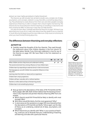 talking about theory                                                                                                      193



abstract we mean highly generalized or highly theoretical.)
   The theorists we will consider here all seek to build a very complex ‘set of ideas,
assumptions, and concepts, ordered in a way that tells us something’ about learn-
ing. They all attempt to create distance from their own and other people’s everyday
experiences of learning in order to sharpen their critical insights into learning. The
theorists do not necessarily even mention teaching, or schooling, or classrooms, but
they certainly do reflect on learning in ways that can help teachers.
   Let’s dip into their ideas. Carefully read what the theorists on page 196 have to say
about learning. As you do so, make notes about how they speak to you as a teacher
in South Africa at the beginning of the new millennium. Only move on to Activity 56
when you have finished thinking about this.


The differences between theorizing and everyday reflections
    Activity 56                                                                                           18
    1	 Carefully reread the thoughts of the four theorists. Then read through
       the statements about how children develop in the first column of                     Week 18 begins.
       the table below. Decide if you think each statement is true for any of
       the theories on page 194. We have filled in the first statement as
       an example:


	                                                                        M	   S	P	V
When children are born they know and understand nothing.		                    ✔	   ✔	   ✔   Spend at least an hour on this
                                                                                            activity. Link new ideas from
The social environment has a strong influence on how children learn.                        each theorist back to what you
                                                                                            have already learnt. Search for
Children learn by responding to external stimuli in their environment.                      similarities and differences in
                                                                                            how the theorists understand
The language you use with children has a powerful influence on how
                                                                                            teaching and learning. Note
they learn.
                                                                                            that in the table, ‘M’ stands for
Learning arises from both our nature and our experience.                                    Montessori, ‘S’ for Skinner, ‘P’
                                                                                            for Piaget, and ‘V’ for Vygotsky.
Children learn only by experience.
Children will learn naturally, with or without teachers.
Teachers or other adults are key to the learning process.
Children learn to do something by doing it.



    2	 Now go back to the descriptions of the ideas of Mr Primechild and Mrs
       Buthu (pages 188–189). Both of them believe that the teaching environ-
       ment is very important and yet their theories of learning differ from one
       another.
    	 a	Which theorist would Mr Primechild be likely to identify with most
         strongly? Why?
    	 b	 With whom would Mrs Buthu find the most agreement? Why?
    	 c	 what sense are the quotations on page 194 more theoretical than
         In
         the descriptions of Primechild and Buthu? (Once again use the idea
         of theory as an underlying, ordered set of ideas, assumptions, and
         concepts.)
    	 d	Which theorist do you identify with? What, in your practice of teach-
         ing, could you use to illustrate that your understanding of teaching
         and learning coincides with a particular theorist.
 