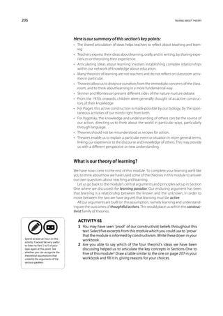206                                                                                                      talking about theory




                                     Here is our summary of this section’s key points:
                                     •	 The shared articulation of ideas helps teachers to reflect about teaching and learn-
                                        ing.
                                     •	 Teachers express their ideas about learning, orally and in writing, by sharing expe-
                                        riences or theorizing their experience.
                                     •	 Articulating ideas about learning involves establishing complex relationships
                                        within our network of knowledge about education.
                                     •	 Many theorists of learning are not teachers and do not reflect on classroom activ-
                                        ities in particular.
                                     •	 Theories allow us to distance ourselves from the immediate concerns of the class-
                                        room, and to think about learning in a more fundamental way.
                                     •	 Skinner and Montessori present different sides of the nature-nurture debate.
                                     •	 From the 1970s onwards, children were generally thought of as active construc-
                                        tors of their knowledge.
                                     •	 For Piaget, this active construction is made possible by our biology, by the spon-
                                        taneous activities of our minds right from birth.
                                     •	 For Vygotsky, the knowledge and understanding of others can be the source of
                                        our action, directing us to think about the world in particular ways, particularly
                                        through language.
                                     •	 Theories should not be misunderstood as recipes for action.
                                     •	 Theories enable us to explain a particular event or situation in more general terms,
                                        linking our experience to the discourse and knowledge of others. This may provide
                                        us with a different perspective or new understanding.



                                     What is our theory of learning?
                                     We have now come to the end of this module. To complete your learning we’d like
                                     you to think about how we have used some of the theories in this module to answer
                                     our own questions about teaching and learning.
                                        Let us go back to the module’s central arguments and principles set up in Section
                                     One where we discussed the learning paradox. Our enduring argument has been
                                     that learning is a relationship between the known and the unknown. In order to
                                     move between the two we have argued that learning must be active.
                                        All our arguments are built on this assumption, namely learning and understand-
                                     ing are the outcomes of thoughtful actions. This would place us within the construc-
                                     tivist family of theories.

                                        Activity 61
                                        1	 You may have seen ‘proof’ of our constructivist beliefs throughout this
                                           text. Select five excerpts from this module which you could use to ‘prove’
                                           that the module is informed by constructivism. Write these down in your
 Spend at least an hour on this
 activity. It would be very useful
                                           workbook.
 to listen to Part 1 to 5 of your       2	 Are you able to say which of the four theorist’s ideas we have been
 tape again at this point. See             discussing helped us to articulate the key concepts in Sections One to
 whether you can recognize the
 theoretical assumptions that
                                           Five of this module? Draw a table similar to the one on page 207 in your
 underlie the arguments of the             workbook and fill it in, giving reasons for your choices.
 various speakers.
 