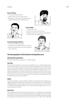 appendices                                                                                215



Rev Cyril Pillay
•  The Inkatha Freedom Party.
•  Serves on the South Central Council.
• Would like to see a crime-free Durban, and
   residents who are ‘owners of their city’.




                                    Visvin Reddy
                                    •  The Minority Front.
                                    •  Chairman of Community Services.
                                    • Believes Council’s main role is to bring about
                                       positive change in people’s lives.




Councillor Margaret Winter
•  The African National Congress.
• Chairperson of the Metro Executive Council.
• Believes Durbanites have to work actively for
   a non-racial city.



The demographics of the Durban metropolitan area
Metropolitan population
The total metropolitan population is 3 million people.

Housing
Of the total households in the Durban metropolitan area in 1998, approximately
one-third were informal, semi-formal, and traditional dwellings. This constitutes just
over one-third of the population of the Durban metropolitan area, and over half of
the black population. There is a backlog of approximately 250 000 houses in the
Durban metropolitan area. While most projects target the lowest income house-
holds and provide a serviced site and starter house, Metro Housing is also involved
in the provision of rental or ‘rent-to-own’ housing through the establishment of the
First Metro Housing Company (FMHC).

Water
Durban Metro Water currently supplies 270 000 households with water. Working on
approximately five members per household, one can estimate that 1 350 000 of the
3 000 000 people in the area have direct access to water. Plans are on track to connect
an additional 20 000 households in the formerly disadvantaged areas, out of a
current backlog of 54 600.

Electricity
This rates high amongst the list of essential services not available to all households
with 25% not being serviced. Durban Metro Electricity supplies more than 475 000
households in an area of nearly 2 000 square kilometres. Working on approximately
five members per household, one can estimate that 2 375 000 of the 3 000 000
 