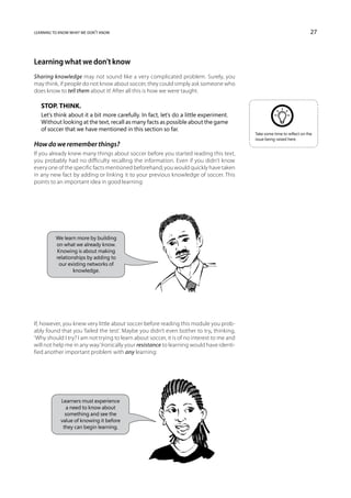 learning to know what we don’t know                                                                                       27



Learning what we don’t know
Sharing knowledge may not sound like a very complicated problem. Surely, you
may think, if people do not know about soccer, they could simply ask someone who
does know to tell them about it! After all this is how we were taught.

   Stop. Think.
   Let’s think about it a bit more carefully. In fact, let’s do a little experiment.
   Without looking at the text, recall as many facts as possible about the game
   of soccer that we have mentioned in this section so far.
                                                                                           Take some time to reflect on the
                                                                                           issue being raised here.
How do we remember things?
If you already knew many things about soccer before you started reading this text,
you probably had no difficulty recalling the information. Even if you didn’t know
every one of the specific facts mentioned beforehand, you would quickly have taken
in any new fact by adding or linking it to your previous knowledge of soccer. This
points to an important idea in good learning:




          We learn more by building
          on what we already know.
          Knowing is about making
          relationships by adding to
           our existing networks of
                  knowledge.




If, however, you knew very little about soccer before reading this module you prob-
ably found that you ‘failed the test’. Maybe you didn’t even bother to try, thinking,
‘Why should I try? I am not trying to learn about soccer, it is of no interest to me and
will not help me in any way.’ Ironically your resistance to learning would have identi-
fied another important problem with any learning:




            Learners must experience
              a need to know about
              something and see the
            value of knowing it before
             they can begin learning.
 