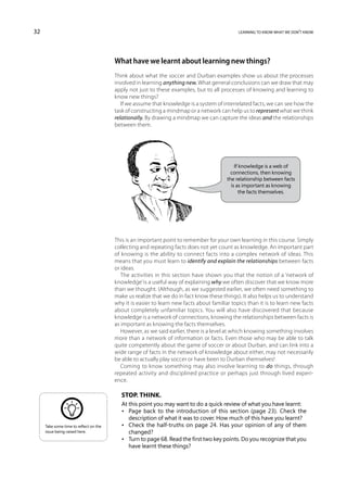 32                                                                                            learning to know what we don’t know




                                        What have we learnt about learning new things?
                                        Think about what the soccer and Durban examples show us about the processes
                                        involved in learning anything new. What general conclusions can we draw that may
                                        apply not just to these examples, but to all processes of knowing and learning to
                                        know new things?
                                           If we assume that knowledge is a system of interrelated facts, we can see how the
                                        task of constructing a mindmap or a network can help us to represent what we think
                                        relationally. By drawing a mindmap we can capture the ideas and the relationships
                                        between them.




                                                                                             If knowledge is a web of
                                                                                           connections, then knowing
                                                                                         the relationship between facts
                                                                                           is as important as knowing
                                                                                                the facts themselves.




                                        This is an important point to remember for your own learning in this course. Simply
                                        collecting and repeating facts does not yet count as knowledge. An important part
                                        of knowing is the ability to connect facts into a complex network of ideas. This
                                        means that you must learn to identify and explain the relationships between facts
                                        or ideas.
                                           The activities in this section have shown you that the notion of a ‘network of
                                        knowledge’ is a useful way of explaining why we often discover that we know more
                                        than we thought. (Although, as we suggested earlier, we often need something to
                                        make us realize that we do in fact know these things). It also helps us to understand
                                        why it is easier to learn new facts about familiar topics than it is to learn new facts
                                        about completely unfamiliar topics. You will also have discovered that because
                                        knowledge is a network of connections, knowing the relationships between facts is
                                        as important as knowing the facts themselves.
                                           However, as we said earlier, there is a level at which knowing something involves
                                        more than a network of information or facts. Even those who may be able to talk
                                        quite competently about the game of soccer or about Durban, and can link into a
                                        wide range of facts in the network of knowledge about either, may not necessarily
                                        be able to actually play soccer or have been to Durban themselves!
                                           Coming to know something may also involve learning to do things, through
                                        repeated activity and disciplined practice or perhaps just through lived experi-
                                        ence.

                                           Stop. Think.
                                           At this point you may want to do a quick review of what you have learnt:
                                           •	 Page back to the introduction of this section (page 23). Check the
                                              description of what it was to cover. How much of this have you learnt?
     Take some time to reflect on the      •	 Check the half-truths on page 24. Has your opinion of any of them
     issue being raised here.                 changed?
                                           •	 Turn to page 68. Read the first two key points. Do you recognize that you
                                              have learnt these things?
 