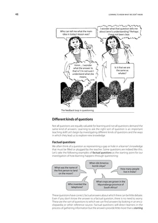 48                                                           learning to know what we don’t know




                                                      I wonder what that question tells me
            Who can tell me what the main            about Jenni’s understanding? Perhaps
             idea in today’s lesson was?                     I have not been clear.




                          Hmm ... I wonder
                         what the answer to                        Is it that we are
                        that is? I’m not sure I                      the same as
                        understand what she                             whales?
                                means.




             The feedback loop in questioning.



     Different kinds of questions
     Not all questions are equally valuable for learning and not all questions demand the
     same kind of answers. Learning to ask the right sort of question is an important
     teaching skill! Let’s begin by investigating different kinds of questions and the ways
     in which they lead us to explore new knowledge

     Factual questions
     We often think of a question as representing a gap or hole in a learner’s knowledge
     that must be filled or plugged by the teacher. Some questions are indeed like this.
     Let’s take the following examples of factual questions as the starting point for our
     investigation of how learning happens through questioning:

                                          When did America
                                            bomb Libya?
      What was the name of
                                                                         How many people
      the first person to land
                                                                           live in India?
           on the moon?


                                                  What crops are grown in the
                    Who invented the               Mpumalanga province of
                      telephone?                         South Africa?


     These questions have correct, factual answers about which there can be little debate.
     Even if you don’t know the answer to a factual question, there is no need to worry.
     These are the sort of questions to which we can find answers by looking in an ency-
     clopaedia or other reference source. Factual questions will direct learners in the
     process of gathering information but the answers provide little more than a starting
 