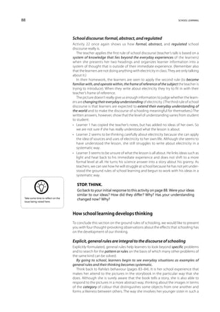 88                                                                                                            school learning




                                    School discourse: formal, abstract, and regulated
                                    Activity 22 once again shows us how formal, abstract, and regulated school
                                    discourse really is.
                                       The teacher applies the first rule of school discourse (teacher’s talk is based on a
                                    system of knowledge that lies beyond the everyday experiences of the learners)
                                    when she presents her two headings and organizes learner information into a
                                    system of thought that is outside of their immediate experience. (Remember also
                                    that the learners are not doing anything with electricity in class. They are only talking
                                    about it.)
                                       In their homework, the learners are seen to apply the second rule (to become
                                    familiar with, and operate within, the frame of reference of the subject the teacher is
                                    trying to introduce). When they write about electricity they try to fit in with their
                                    teacher’s frame of reference.
                                       The picture doesn’t really give us enough information to judge whether the learn-
                                    ers are changing their everyday understanding of electricity. (The third rule of school
                                    discourse is that learners are expected to extend their everyday understanding of
                                    the world and to make the discourse of schooling meaningful for themselves.) The
                                    written answers, however, show that the level of understanding varies from student
                                    to student:
                                    •	 Learner 1 has copied the teacher’s notes, but has added no ideas of her own. So
                                       we are not sure if she has really understood what the lesson is about.
                                    •	 Learner 2 seems to be thinking carefully about electricity because she can apply
                                       the idea of sources and uses of electricity to her own life. Although she seems to
                                       have understood the lesson, she still struggles to write about electricity in a
                                       systematic way.
                                    •	 Learner 3 seems to be unsure of what the lesson is all about. He links ideas such as
                                       light and heat back to his immediate experience and does not shift to a more
                                       formal level at all. He turns his science answer into a story about his granny. As
                                       teachers, we can see how he will struggle at school because he has not yet under-
                                       stood the ground rules of school learning and begun to work with his ideas in a
                                       systematic way.

                                       Stop. Think.
                                       Go back to your initial response to this activity on page 88. Were your ideas
                                       similar to our ideas? How did they differ? Why? Has your understanding
 Take some time to reflect on the      changed now? Why?
 issue being raised here.



                                    How school learning develops thinking
                                    To conclude this section on the ground rules of schooling, we would like to present
                                    you with four thought-provoking observations about the effects that schooling has
                                    on the development of our thinking.

                                    Explicit, general rules are integral to the discourse of schooling
                                    Explicitly-formulated, general rules help learners to look beyond specific problems
                                    and to search for the pattern or rules on the basis of which many other problems of
                                    the same kind can be solved.
                                       By going to school, learners begin to see everyday situations as examples of
                                    general rules and their thinking becomes systematic.
                                       Think back to Rahila’s behaviour (pages 83–84). It is her school experience that
                                    makes her attend to the pictures in the storybook in the particular way that she
                                    does. Although she is surely aware that the book tells a story, she is also able to
                                    respond to the pictures in a more abstract way, thinking about the images in terms
                                    of the category of colour that distinguishes some objects from one another and
                                    forms a likeness between others. The way she involves her younger sister in such a
 