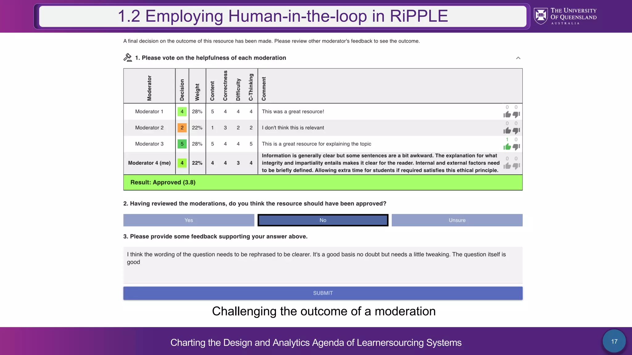 Charting the Design and Analytics Agenda of Learnersourcing Systems 17
1.2 Employing Human-in-the-loop in RiPPLE
Challenging the outcome of a moderation
 