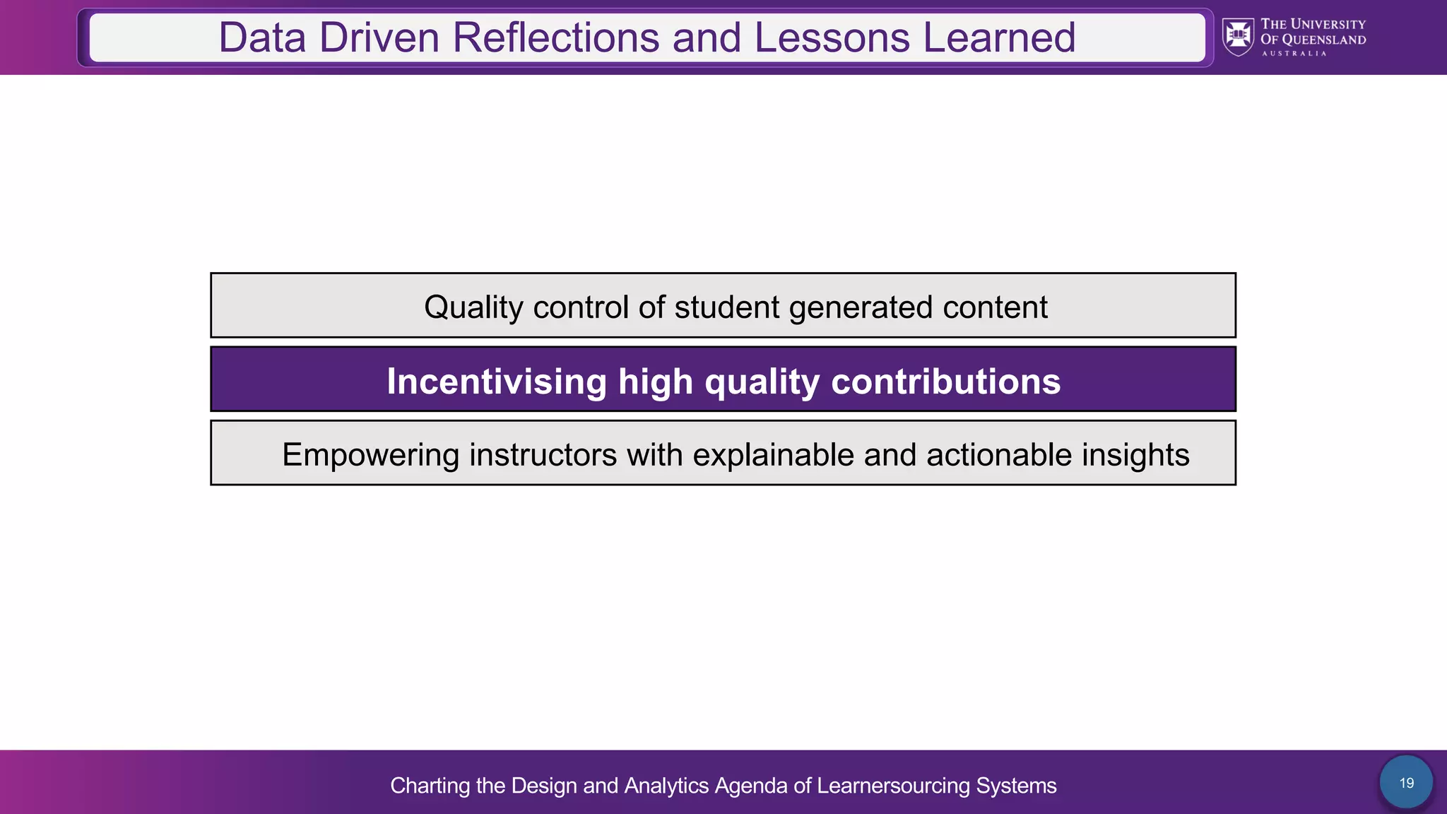 Charting the Design and Analytics Agenda of Learnersourcing Systems 19
Quality control of student generated content
Empowering instructors with explainable and actionable insights
Data Driven Reflections and Lessons Learned
Incentivising high quality contributions
 