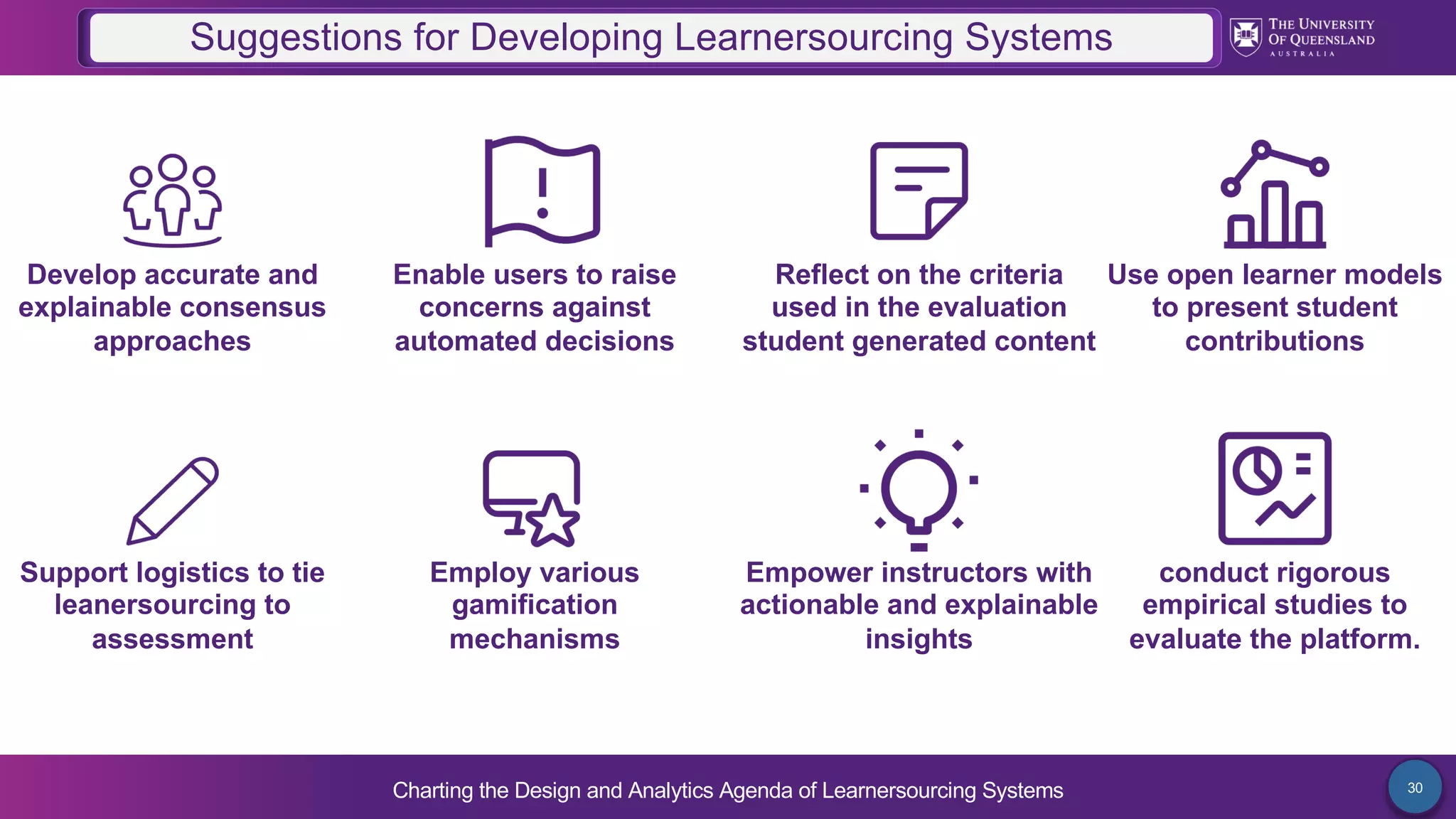 Charting the Design and Analytics Agenda of Learnersourcing Systems 30
Suggestions for Developing Learnersourcing Systems
Develop accurate and
explainable consensus
approaches
Enable users to raise
concerns against
automated decisions
Reflect on the criteria
used in the evaluation
student generated content
Use open learner models
to present student
contributions
Support logistics to tie
leanersourcing to
assessment
Employ various
gamification
mechanisms
Empower instructors with
actionable and explainable
insights
conduct rigorous
empirical studies to
evaluate the platform.
 