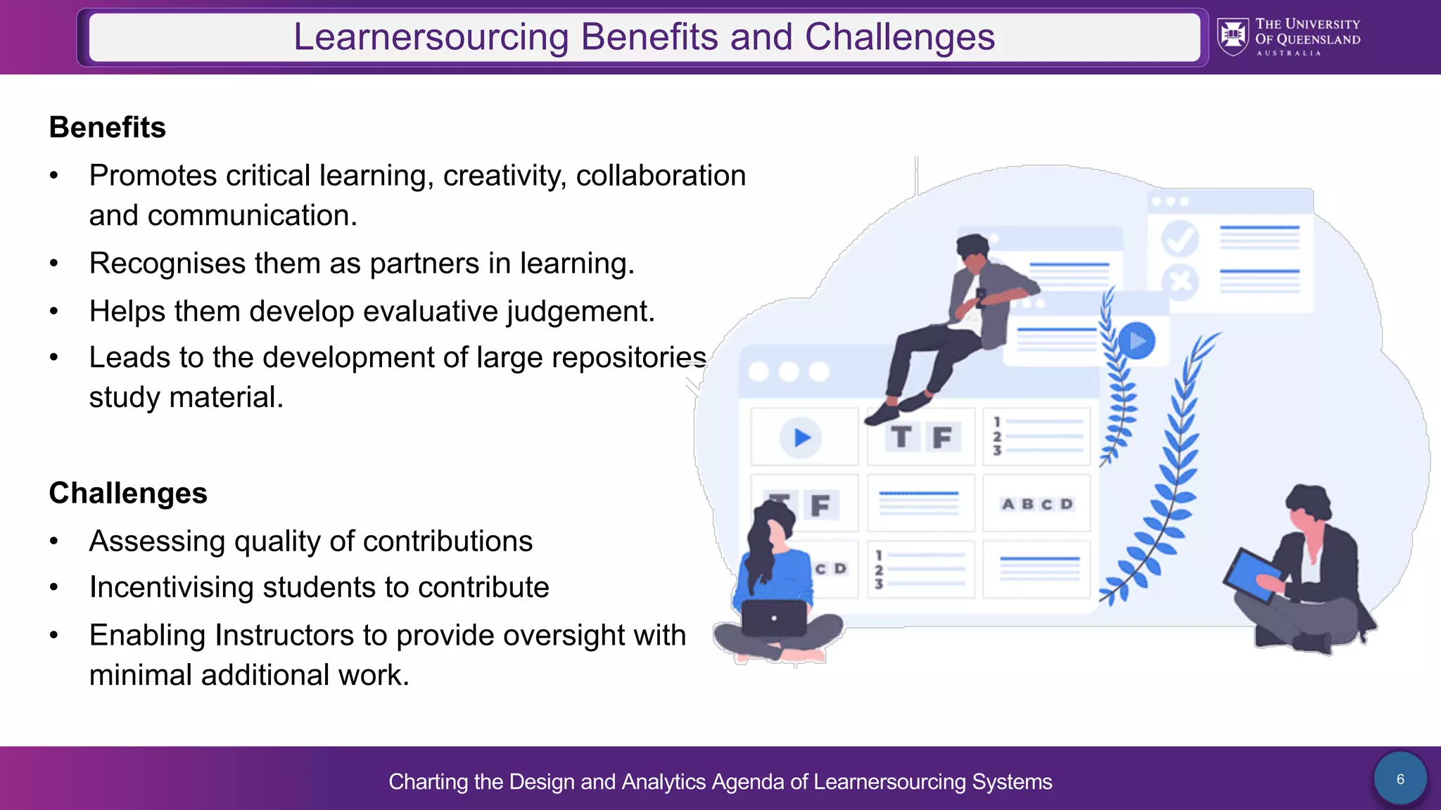 Charting the Design and Analytics Agenda of Learnersourcing Systems 6
Benefits
• Promotes critical learning, creativity, collaboration
and communication.
• Recognises them as partners in learning.
• Helps them develop evaluative judgement.
• Leads to the development of large repositories
study material.
Challenges
• Assessing quality of contributions
• Incentivising students to contribute
• Enabling Instructors to provide oversight with
minimal additional work.
Learnersourcing Benefits and Challenges
 
