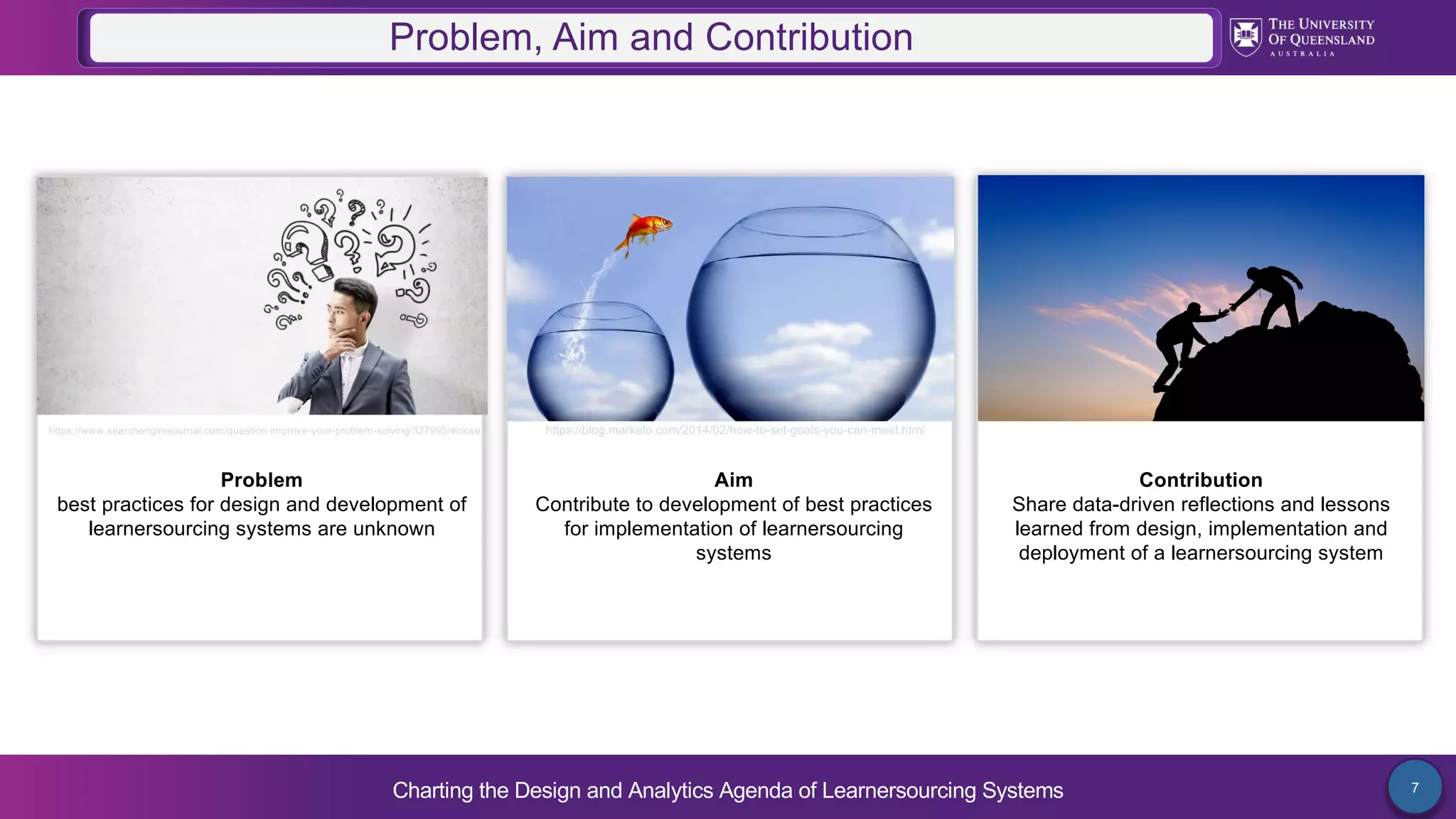 Charting the Design and Analytics Agenda of Learnersourcing Systems 7
Problem, Aim and Contribution
Problem
best practices for design and development of
learnersourcing systems are unknown
Aim
Contribute to development of best practices
for implementation of learnersourcing
systems
https://blog.marketo.com/2014/02/how-to-set-goals-you-can-meet.html
https://www.searchenginejournal.com/question-improve-your-problem-solving/327995/#close
Contribution
Share data-driven reflections and lessons
learned from design, implementation and
deployment of a learnersourcing system
 