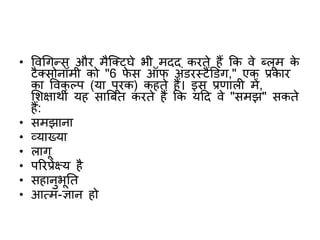 • ववगगन्स और मैक्क्टघे भी मदद करते हैं कक वे ब्लूम के
टैक्सोनॉमी को "6 िे स ऑि अंडरस्टैंडडंग," एक प्रकार
का ववकलप (या पूरक) कहते हैं। इस प्रिाल में,
शिक्षाथी यह साबबत करते हैं कक यटद वे "समझ" सकते
हैं:
• समझाना
• व्याख्या
• लागू
• पररप्रेक्ष्य है
• सहानुभूतत
• आत्म-ज्ञान हो
 