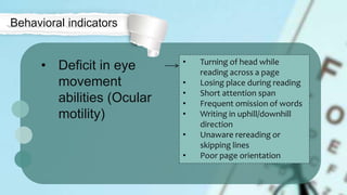 • Deficit in eye
movement
abilities (Ocular
motility)
Behavioral indicators
• Turning of head while
reading across a page
• Losing place during reading
• Short attention span
• Frequent omission of words
• Writing in uphill/downhill
direction
• Unaware rereading or
skipping lines
• Poor page orientation
 