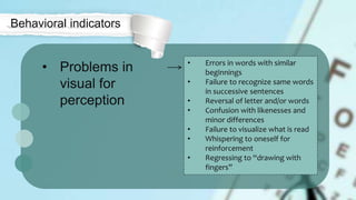 • Problems in
visual for
perception
Behavioral indicators
• Errors in words with similar
beginnings
• Failure to recognize same words
in successive sentences
• Reversal of letter and/or words
• Confusion with likenesses and
minor differences
• Failure to visualize what is read
• Whispering to oneself for
reinforcement
• Regressing to “drawing with
fingers”
 