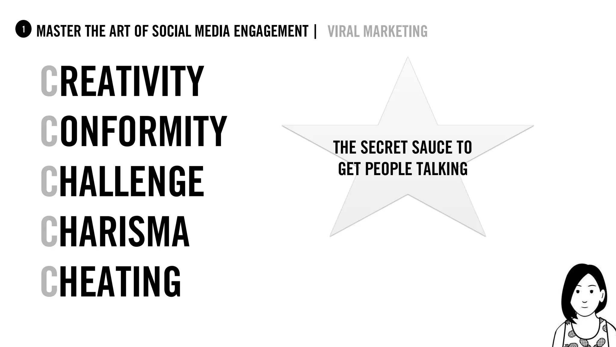 25
master the art of social media engagement |1 viral marketing
Creativity
conformity
challenge
charisma
cheating
the secret sauce to
get people talking
 