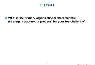 21 @AgileBossaNova | agilebossanova.org
Discuss
 What is the primary organizational characteristic
(strategy, structure, ...