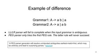 Example of difference
44
Grammar1: A -> a b | a
Grammar2: A -> a | a b
● LL/LR parser will fail to complete when the input grammar is ambiguous.
● PEG parser only tries the first PEG rule. The latter rule will never succeed.
“A PEG parser generator will resolve unintended ambiguities earliest-match-first, which may
be arbitrary and lead to surprising parses.” (source)
 
