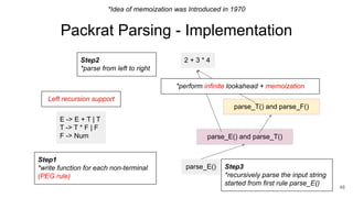 Packrat Parsing - Implementation
48
2 + 3 * 4
parse_E()
E -> E + T | T
T -> T * F | F
F -> Num
parse_T() and parse_F()
parse_E() and parse_T()
Step2
*parse from left to right
*perform infinite lookahead + memoization
Step1
*write function for each non-terminal
(PEG rule)
*Idea of memoization was Introduced in 1970
Step3
*recursively parse the input string
started from first rule parse_E()
Left recursion support
 