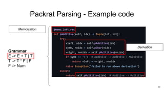 Packrat Parsing - Example code
49
Grammar
E -> E + T | T
T -> T * F | F
F -> Num
Derivation
Memoization
 