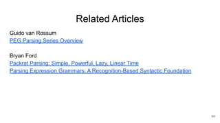 Related Articles
Guido van Rossum
PEG Parsing Series Overview
Bryan Ford
Packrat Parsing: Simple, Powerful, Lazy, Linear Time
Parsing Expression Grammars: A Recognition-Based Syntactic Foundation
69
 