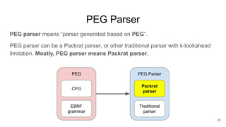 PEG Parser
PEG parser means “parser generated based on PEG”.
PEG parser can be a Packrat parser, or other traditional pars...