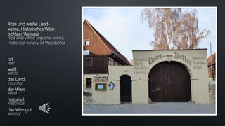 Rote und weiße Land-
weine, Historisches Wein-
böhlaer Weingut
Red and white regional wines,
Historical winery of Weinböhla
rot
red
weiß
white
das Land
country
der Wein
wine
historisch
historical
das Weingut
winery
 