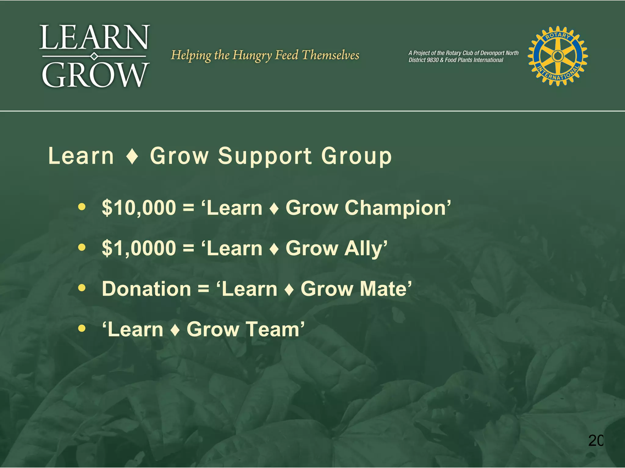 Learn ♦ Grow Support Group

   $10,000 = ‘Learn ♦ Grow Champion’

   $1,0000 = ‘Learn ♦ Grow Ally’

   Donation = ‘Learn ♦ Grow Mate’

   ‘Learn ♦ Grow Team’




                                        20
 