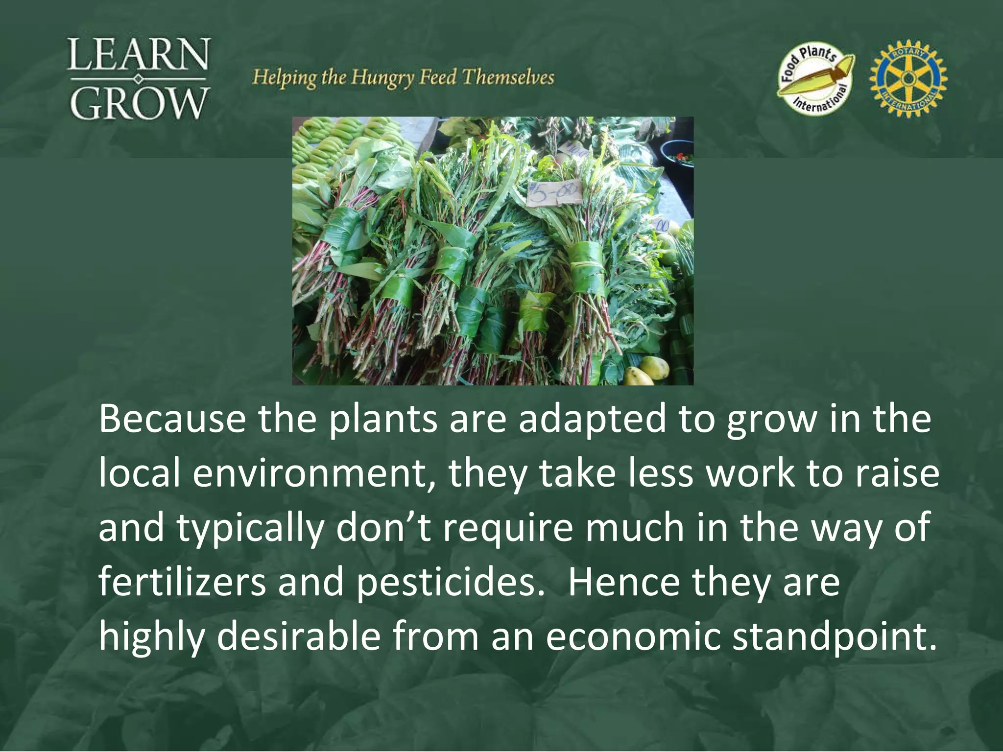 Because the plants are adapted to grow in the local environment, they take less work to raise and typically don’t require much in the way of fertilizers and pesticides.  Hence they are highly desirable from an economic standpoint. 