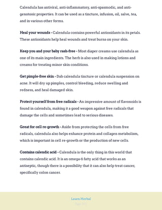 Page 101
Learn Herbal
Calendula has antiviral, anti-inflammatory, anti-spasmodic, and anti-
genotoxic properties. It can be used as a tincture, infusion, oil, salve, tea,
and in various other forms.
Calendula contains powerful antioxidants in its petals.
These antioxidants help heal wounds and treat burns on your skin.
Heal your wounds -
Most diaper creams use calendula as
one of its main ingredients. The herb is also used in making lotions and
creams for treating minor skin conditions.
Keep you and your baby rash-free -
Dab calendula tincture or calendula suspension on
acne. It will dry up pimples, control bleeding, reduce swelling and
redness, and heal damaged skin.
Get pimple-free skin -
An impressive amount of flavonoids is
found in calendula, making it a good weapon against free radicals that
damage the cells and sometimes lead to serious diseases.
Protect yourself from free radicals -
Aside from protecting the cells from free
radicals, calendula also helps enhance protein and collagen metabolism,
which is important in cell re-growth or the production of new cells.
Great for cell re-growth -
Calendula is the only thing in this world that
contains calendic acid. It is an omega-6 fatty acid that works as an
antiseptic, though there is a possibility that it can also help treat cancer,
specifically colon cancer.
Contains calendic acid -
 