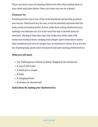 Page 119
Learn Herbal
There are more ways of enjoying chickweed other than adding them to
your salad and other dishes. Here are some you can do at home:
Chickweed Tea
Drinking herbal teas is one of the most beneficial and healthy practices
one can do. Chickweed tea, for one, is rich in essential nutrients that the
body needs to function better. In fact, aside from eating chickweed as is,
making a tea infusion out of it is the next best way to benefit from its
nutrients. Having at least one cup a day helps your body cope with
numerous medical issues ranging from simple upset stomachs to minor
skin conditions and even to weight loss, as mentioned earlier. If you are the
tea-drinking type, plant some chickweed and start making chickweed tea.
What you will need:
2 to 3 tablespoons of dried or finely chopped fresh chickweed
A cup of cold water
A small pot or teapot
A knife
A chopping board
A strainer or cheesecloth
Instructions for making your chickweed tea:
 