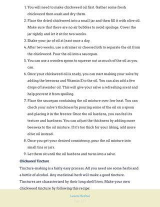 Page 122
Learn Herbal
1. You will need to make chickweed oil first. Gather some fresh
chickweed then wash and dry them.
2. Place the dried chickweed into a small jar and then fill it with olive oil.
Make sure that there are no air bubbles to avoid spoilage. Cover the
jar tightly and let it sit for two weeks.
3. Shake your jar of oil at least once a day.
4. After two weeks, use a strainer or cheesecloth to separate the oil from
the chickweed. Pour the oil into a saucepan.
5. You can use a wooden spoon to squeeze out as much of the oil as you
can.
6. Once your chickweed oil is ready, you can start making your salve by
adding the beeswax and Vitamin E to the oil. You can also add a few
drops of lavender oil. This will give your salve a refreshing scent and
help prevent it from spoiling.
7. Place the saucepan containing the oil mixture over low heat. You can
check your salve’s thickness by pouring some of the oil on a spoon
and placing it in the freezer. Once the oil hardens, you can feel its
texture and hardness. You can adjust the thickness by adding more
beeswax to the oil mixture. If it’s too thick for your liking, add more
olive oil instead.
8. Once you get your desired consistency, pour the oil mixture into
small tins or jars.
9. Let them sit until the oil hardens and turns into a salve.
Chickweed Tincture
Tincture-making is a fairly easy process. All you need are some herbs and
a bottle of alcohol. Any medicinal herb will make a good tincture.
Tinctures are characterized by their long shelf lives. Make your own
chickweed tincture by following this recipe:
 