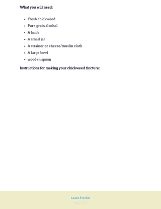 Page 123
Learn Herbal
What you will need:
Fresh chickweed
Pure grain alcohol
A knife
A small jar
A strainer or cheese/muslin cloth
A large bowl
wooden spoon
Instructions for making your chickweed tincture:
 