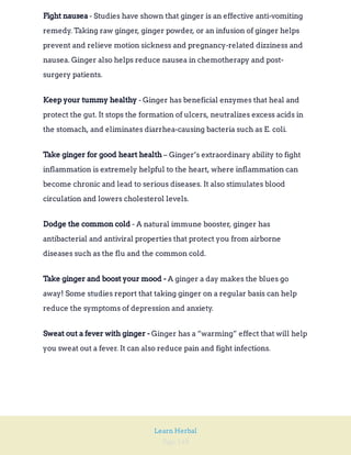 Page 148
Learn Herbal
- Studies have shown that ginger is an effective anti-vomiting
remedy. Taking raw ginger, ginger powder, or an infusion of ginger helps
prevent and relieve motion sickness and pregnancy-related dizziness and
nausea. Ginger also helps reduce nausea in chemotherapy and post-
surgery patients.
Fight nausea
- Ginger has beneficial enzymes that heal and
protect the gut. It stops the formation of ulcers, neutralizes excess acids in
the stomach, and eliminates diarrhea-causing bacteria such as E. coli.
Keep your tummy healthy
– Ginger’s extraordinary ability to fight
inflammation is extremely helpful to the heart, where inflammation can
become chronic and lead to serious diseases. It also stimulates blood
circulation and lowers cholesterol levels.
Take ginger for good heart health
- A natural immune booster, ginger has
antibacterial and antiviral properties that protect you from airborne
diseases such as the flu and the common cold.
Dodge the common cold
A ginger a day makes the blues go
away! Some studies report that taking ginger on a regular basis can help
reduce the symptoms of depression and anxiety.
Take ginger and boost your mood -
Ginger has a “warming” effect that will help
you sweat out a fever. It can also reduce pain and fight infections.
Sweat out a fever with ginger -
 