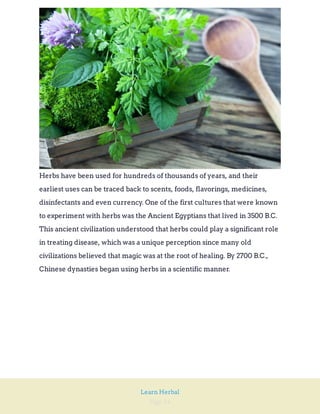 Page 14
Learn Herbal
Herbs have been used for hundreds of thousands of years, and their
earliest uses can be traced back to scents, foods, flavorings, medicines,
disinfectants and even currency. One of the first cultures that were known
to experiment with herbs was the Ancient Egyptians that lived in 3500 B.C.
This ancient civilization understood that herbs could play a significant role
in treating disease, which was a unique perception since many old
civilizations believed that magic was at the root of healing. By 2700 B.C.,
Chinese dynasties began using herbs in a scientific manner.
 