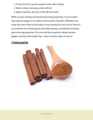 Page 173
Learn Herbal
1. Gently boil the cayenne pepper in the cider vinegar.
2. Bottle without straining, while still hot.
3. Apply regularly, directly to the affected joints.
With so many healing and health-promoting properties, it’s no wonder
that cayenne pepper is so widely used in home remedies. Whether you
enjoy the taste of this red hot spice or not, putting it to use in your home is
an excellent way of enjoying its anti-inflammatory, metabolism boosting,
pain relieving properties. It’s even said that regularly eating cayenne
pepper can help with weight loss – what a wonder-spice it truly is!
CINNAMON
 