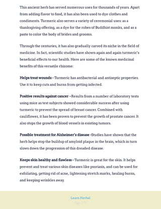 Page 276
Learn Herbal
This ancient herb has served numerous uses for thousands of years. Apart
from adding flavor to food, it has also been used to dye clothes and
condiments. Turmeric also serves a variety of ceremonial uses: as a
thanksgiving offering, as a dye for the robes of Buddhist monks, and as a
paste to color the body of brides and grooms.
Through the centuries, it has also gradually carved its niche in the field of
medicine. In fact, scientific studies have shown again and again turmeric’s
beneficial effects to our health. Here are some of the known medicinal
benefits of this versatile rhizome:
Turmeric has antibacterial and antiseptic properties.
Use it to keep cuts and burns from getting infected.
Helps treat wounds -
Results from a number of laboratory tests
using mice as test subjects showed considerable success after using
turmeric to prevent the spread of breast cancer. Combined with
cauliflower, it has been proven to prevent the growth of prostate cancer. It
also stops the growth of blood vessels in existing tumors.
Positive results against cancer -
Studies have shown that the
herb helps stop the buildup of amyloid plaque in the brain, which in turn
slows down the progression of this dreaded disease.
Possible treatment for Alzheimer’s disease -
Turmeric is great for the skin. It helps
prevent and treat various skin diseases like psoriasis, and can be used for
exfoliating, getting rid of acne, lightening stretch marks, healing burns,
and keeping wrinkles away.
Keeps skin healthy and flawless -
 
