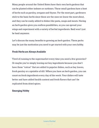 Page 41
Learn Herbal
Many people around the United States have their own herb gardens that
can be planted either indoors or outdoors. These small gardens have a host
of herbs such as parsley, oregano and thyme. For the most part, gardeners
stick to the basic herbs since these are the ones we know the most about,
and they can be easily added to dishes like pasta, soups and meats. Having
an herb garden gives you endless possibilities, so you can spread your
wings and experiment with a variety of herbal ingredients. Basil won’t just
be basil anymore.
Let’s discuss the many benefits to growing an herb garden. These perks
may be just the motivation you need to get started with your own hobby.
Fresh Herbs are Always Available
Tired of running to the supermarket every time you need a few groceries?
Or maybe you’re simply leaving out key ingredients because you don’t
have those “extras” that are added to popular dishes, such as bay leaves,
fresh parsley or a sprinkle of dill. When you have an herb garden, you can
count on fresh ingredients every day of the week. Your dishes will taste
better and have added health content and fresh flavors that can’t be
replicated from dried spices.
Emerging Hobby
 
