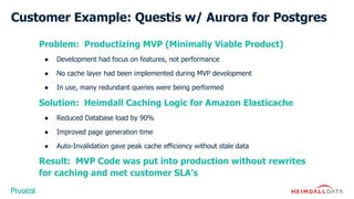 Customer Example: Questis w/ Aurora for Postgres
Problem: Productizing MVP (Minimally Viable Product)
● Development had focus on features, not performance
● No cache layer had been implemented during MVP development
● In use, many redundant queries were being performed
Solution: Heimdall Caching Logic for Amazon Elasticache
● Reduced Database load by 90%
● Improved page generation time
● Auto-Invalidation gave peak cache efficiency without stale data
Result: MVP Code was put into production without rewrites
for caching and met customer SLA’s
 