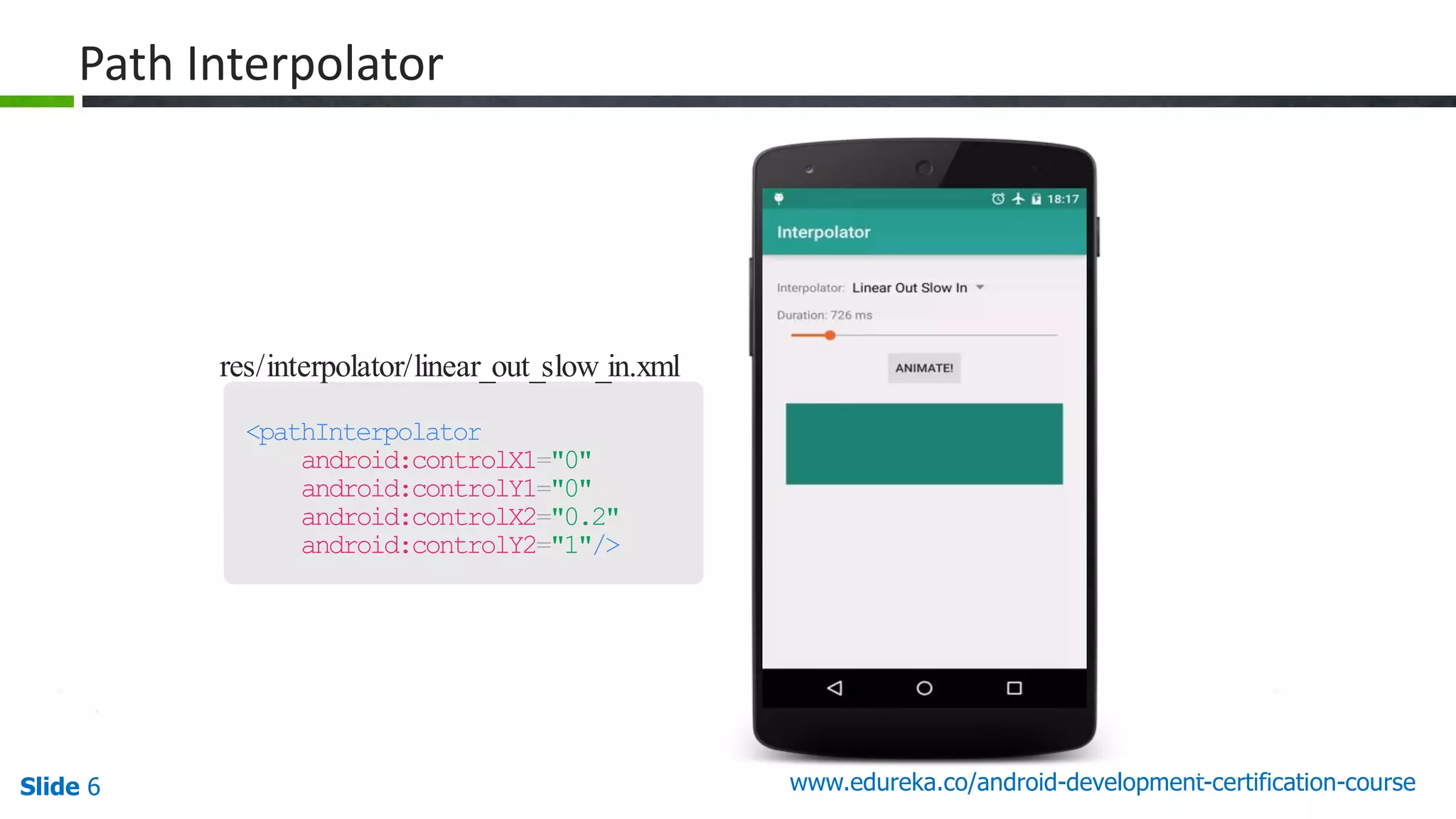 Slide 6 www.edureka.co/android-development-certification-course 32 res/interpolator/linear_out_slow_in.xml <pathInterpolator android:controlX1="0" android:controlY1="0" android:controlX2="0.2" android:controlY2="1"/> Path Interpolator 