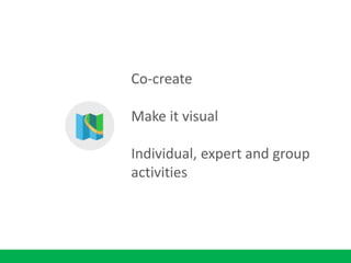 Co-create
Make it visual
Individual, expert and group
activities
 