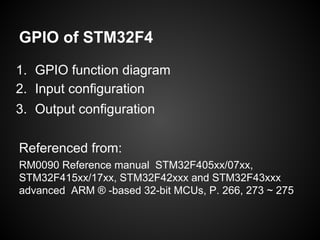 GPIO of STM32F4
1. GPIO function diagram
2. Input configuration
3. Output configuration
Referenced from:
RM0090 Reference manual STM32F405xx/07xx,
STM32F415xx/17xx, STM32F42xxx and STM32F43xxx
advanced ARM ® -based 32-bit MCUs, P. 266, 273 ~ 275
 
