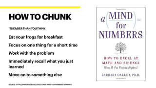 Eat your frogs for breakfast
Focus on one thing for a short time
Work with the problem
Immediately recall what you just
learned
Move on to something else
HOWTOCHUNK
ITS EASIER THAN YOU THINK
SOURCE: HTTPS://WWW.KARLBOOKLOVER.COM/A-MIND-FOR-NUMBERS-SUMMARY/