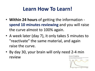 Learn How To Learn!
• Within 24 hours of getting the information -
spend 10 minutes reviewing and you will raise
the curve almost to 100% again.
• A week later (day 7), it only takes 5 minutes to
"reactivate" the same material, and again
raise the curve.
• By day 30, your brain will only need 2-4 min
review
 