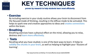By including exercise in your study routine allows your brain to disconnect from
the focused mode of thinking, resulting in the diffuse mode to be activated. This
helps to spark new and creative approaches to ideas and creates connections
within the brain.
Breathing exercises have a physical effect on the mind, allowing you to relax,
destress and learn more effectively.
•
Recalling what you have studied, is one of the best ways to learn. It helps to
solidify the chunks in your brain, as well as helping to highlight your ‘illusions of
learning’.
http://psychcentral.com/lib/top-10-most-effective-study-habits/000599
 