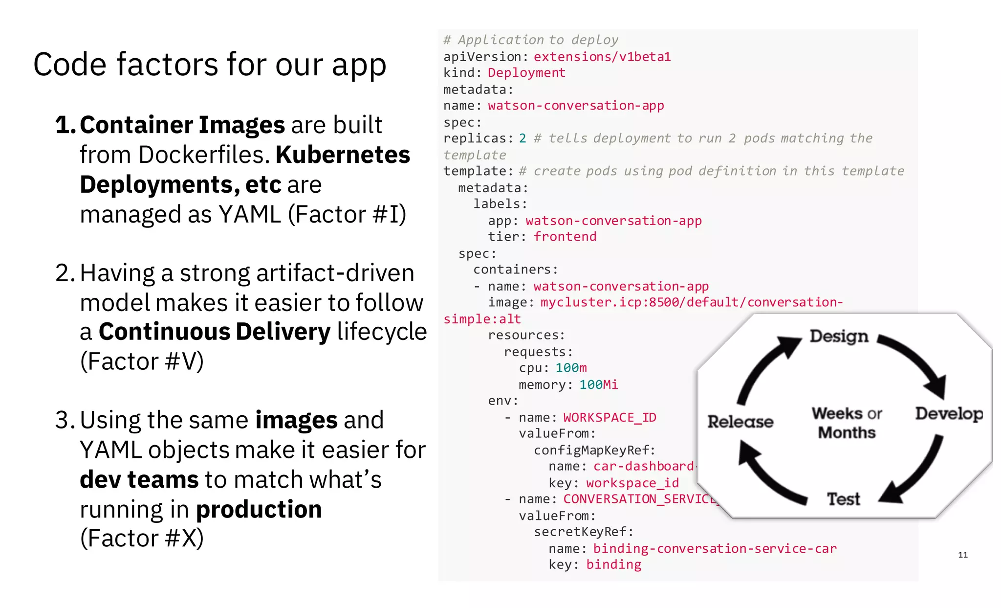 Code factors for our app
11
# Application to deploy
apiVersion: extensions/v1beta1
kind: Deployment
metadata:
name: watson-conversation-app
spec:
replicas: 2 # tells deployment to run 2 pods matching the
template
template: # create pods using pod definition in this template
metadata:
labels:
app: watson-conversation-app
tier: frontend
spec:
containers:
- name: watson-conversation-app
image: mycluster.icp:8500/default/conversation-
simple:alt
resources:
requests:
cpu: 100m
memory: 100Mi
env:
- name: WORKSPACE_ID
valueFrom:
configMapKeyRef:
name: car-dashboard-config
key: workspace_id
- name: CONVERSATION_SERVICE_CAR
valueFrom:
secretKeyRef:
name: binding-conversation-service-car
key: binding
1.Container Images are built
from Dockerfiles. Kubernetes
Deployments, etc are
managed as YAML (Factor #I)
2.Having a strong artifact-driven
model makes it easier to follow
a Continuous Delivery lifecycle
(Factor #V)
3.Using the same images and
YAML objects make it easier for
dev teams to match what’s
running in production
(Factor #X)
 