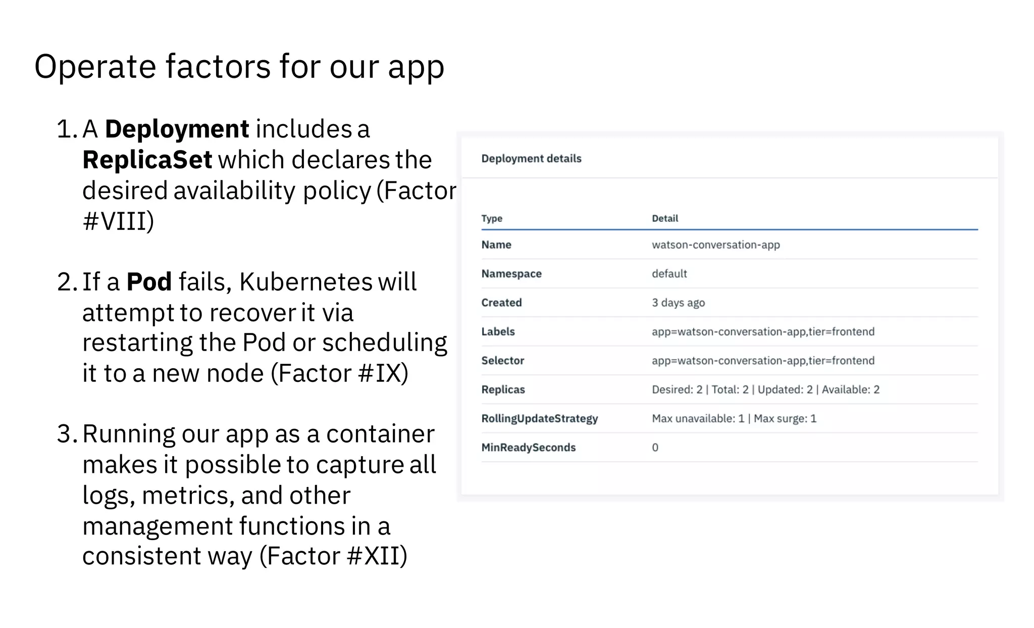 Operate factors for our app
1.A Deployment includes a
ReplicaSet which declares the
desired availability policy(Factor
#VIII)
2.If a Pod fails, Kubernetes will
attempt to recover it via
restarting the Pod or scheduling
it to a new node (Factor #IX)
3.Running our app as a container
makes it possible to capture all
logs, metrics, and other
management functions in a
consistent way (Factor #XII)
 
