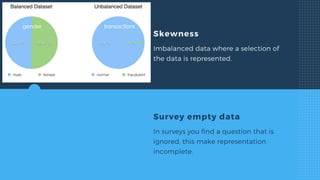 Skewness
Imbalanced data where a selection of
the data is represented.
Survey empty data
In surveys you find a question that is
ignored, this make representation
incomplete.
 